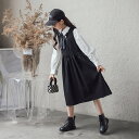 秋冬 送料無料 長袖シャツ+ノースリーブワンピース 女の子 キッズ 2点セット 入学式 ドレス 子ども服 可愛い ミモレ丈ワンピース 通学 卒業式 ゆったり カ...