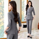 送料無料 セットアップ レディース きれいめ 卒業式 ママ パンツスーツ ビジネススーツ セレモニースーツ ジャケット パンツ 2点セット 女性 オフィス キレイめ 通勤 OL 面接 転職 大人 フォーマル 春 秋 夏 7分袖ジャケット+パンツ ブラックネイビー グレー S~4XL