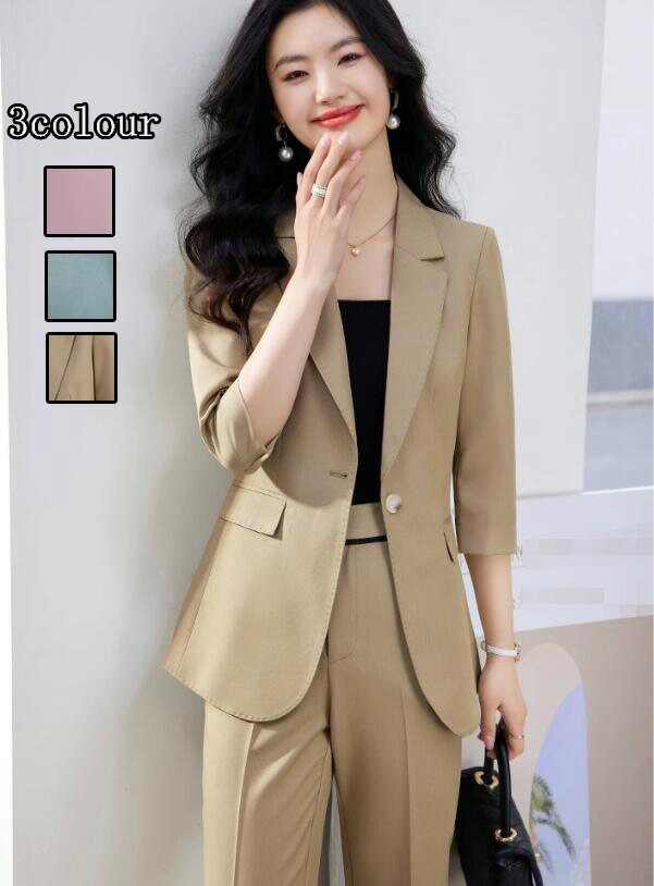 送料無料 洗えるスーツ 着痩せ レディース フォーマル セットアップ 通勤 OL 7分袖ジャケット+9分丈パンツ 2点セット ママ 入学式 卒業式 カジュアル ビジネス パンツスーツ 結婚式 オフィス セレモニースーツ /緑/ピンク 夏秋 素敵 1つボダンスーツS~4XL 30代20代