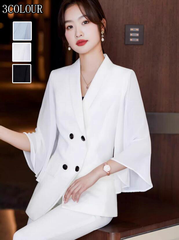 送料無料 洗えるスーツ 着痩せ レディース フォーマル セットアップ 通勤 OL コート ロングコート 7分袖ジャケット+パンツ 2点セット ママ 入学式 卒業...