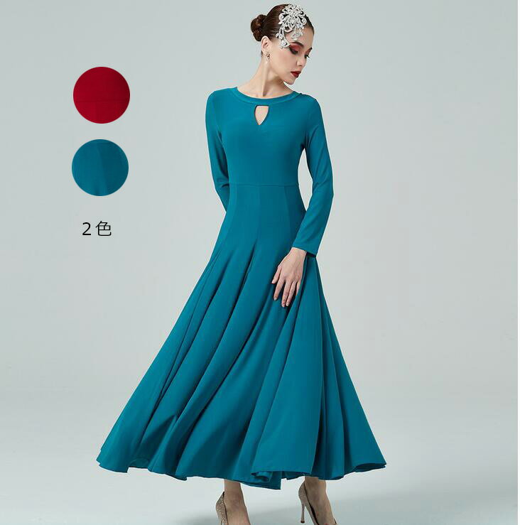 大人気 レディース 品質良い エレガント★社交ダンス専用 新作 社交ダンス衣装 マキシ丈ワンピース モダンダンスワルツ専用ドレス 練習競技着 デモ用 スタンダード 発表会用 演出服 長袖 格好良い無地 舞台 着痩せ 青/ワイン赤 秋冬 ロング丈ダンス S/M/L/XL/2XL/3XL