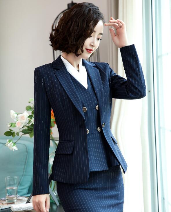 「ビジネス★スーツセット」3点セットスーツ ビジネス 長袖ジャケット+パンツ/スカート+シャツ+ベスト フォーマル 通勤 OL オフィス 制服 春秋着 着痩せ 20代30代40代 パーティードレス ママ 面接 パンツスーツ エレガント 縞々柄 大人気 S/M/L/XL/2XL/3XL/4XL ブルー 青