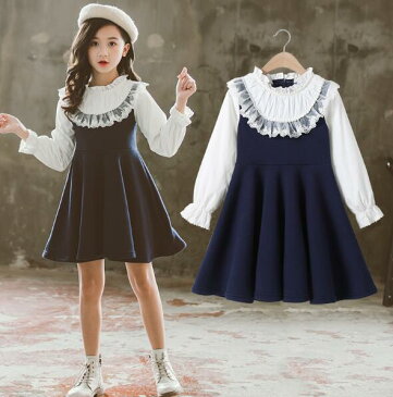 「オシャレ★新作★ワンピース」子供服 ワンピース 女の子 春秋 長袖 レース 切り替え プリーツスカートミニ丈 おしゃれ きれいめ キッズ 女児 シンプル 人気 可愛い ジュニア服 110/120/130/140/150/160 レース付き ブラック