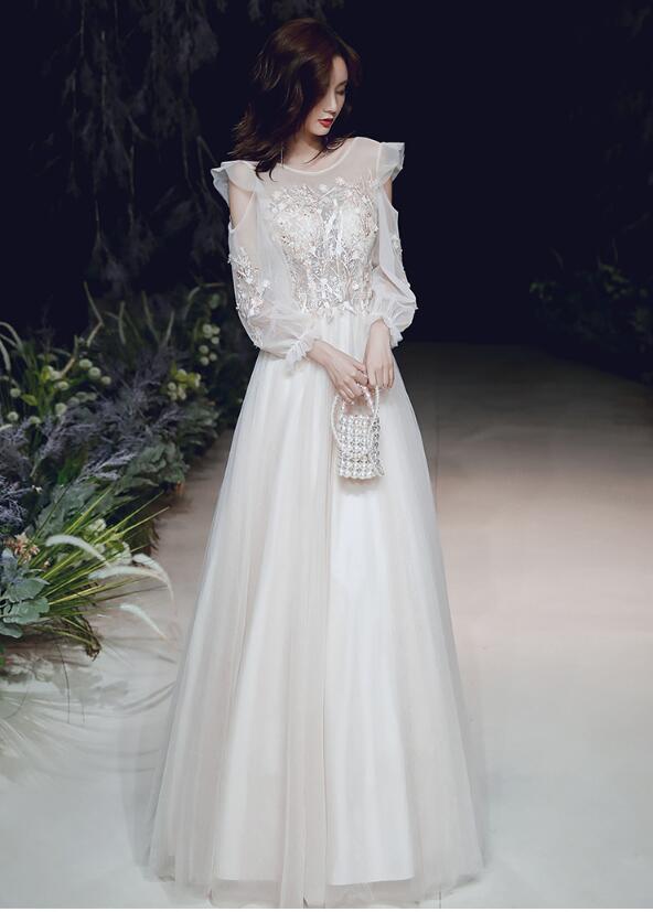 ★ハイエンド★送料無料 ハイエンド 忘年会 結婚式 フォーマル 洋服 パーティードレス 成人式 着痩せ プリンセス イブニングドレス 二次会 ウエディングドレス マキシ丈ドレス XS S M L XL 2XL卒業式入学式 ロング丈 パフスリーブ ファスナー花柄 30代 ママ 長袖 champagne