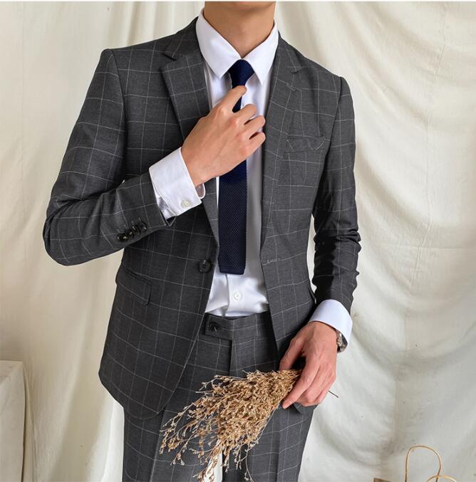 高品質 メンズスーツ スタイリッシュスーツ カッコイイ ビジネス 紳士服 リクルート 結婚式 二次会 長袖ジャケット+パンツ 男性用 入学式 卒業式 送料無料 冠婚葬祭 カジュアルスーツ 秋冬春夏 ババ 2点セット 一つボダンスーツ チェック柄/灰色 グレー M/L/XL/2XL/3XL