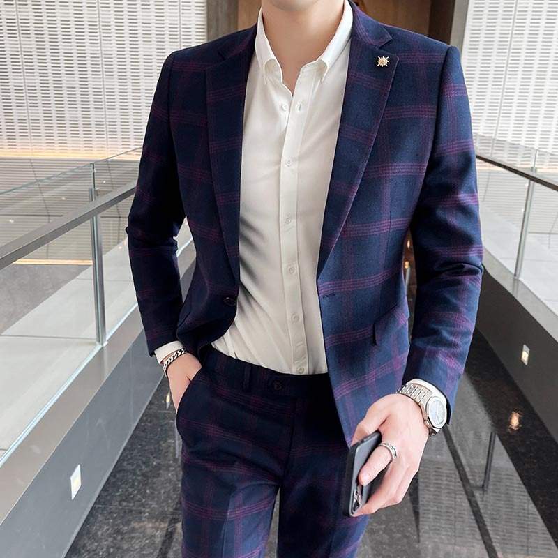 チェック柄 メンズ ブレザー セットアップ 新色入荷 メンズ スーツ ビジネス 春夏秋冬 男性 スリム 結婚式 上下セット 2点セット ジャケット+パンツ 高品質 1つボタン 事務服 紳士服 送料無料