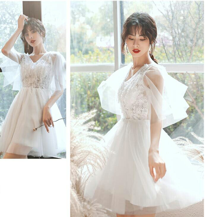 品質良い★パーティードレス イブニングドレス 披露宴 二次会 演奏会 ウエディングドレス 成人式 花嫁 着痩せ 結婚式 フォーマル プリンセス ピアノ ショート丈ドレス 送料無料 ブライズメイドドレス Aライン ファスナー 袖あり XS~3XL 刺繍 Vネック 洋服 白