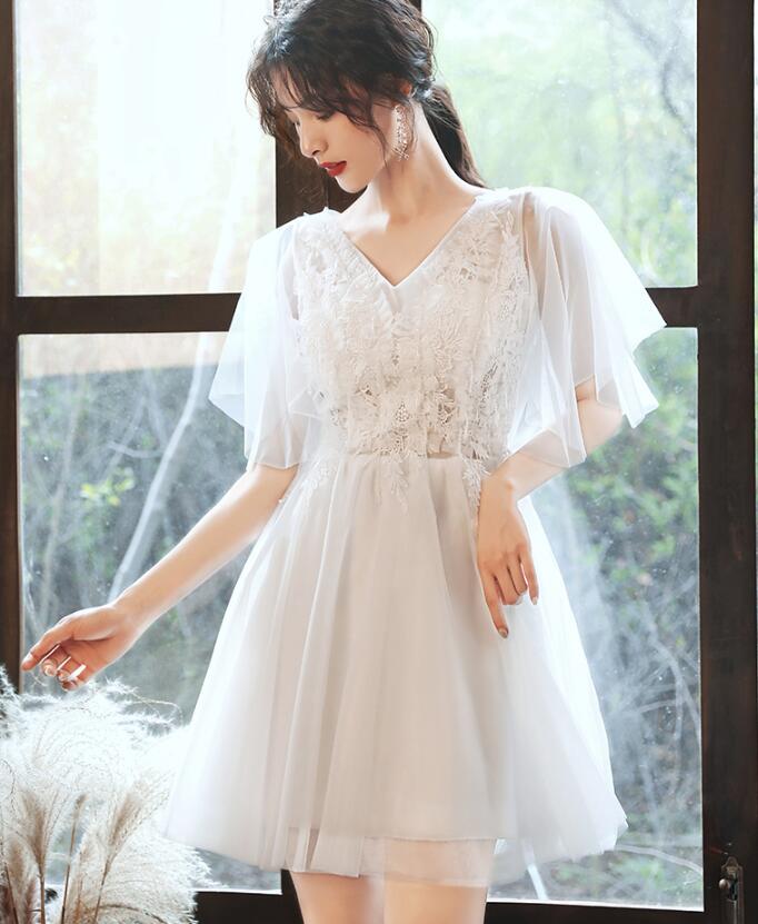 品質良い★パーティードレス イブニングドレス 披露宴 二次会 演奏会 ウエディングドレス 成人式 花嫁 着痩せ 結婚式 フォーマル プリンセス ピアノ ショート丈ドレス 送料無料 ブライズメイドドレス Aライン ファスナー 袖あり XS~3XL 刺繍 Vネック 洋服 白