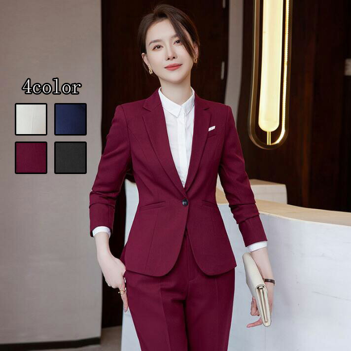 送料無料 制服 2点セット「上着+パンツ/スカート」 フォーマル 通勤 OL レディーススーツ 二次会リクルートスーツ 女性 ビジネススーツ結婚式 カジュアルスーツ 司会 大人気 宴会 大きいサイズ Size：S/M/L/XL/2XL/3XL/4XL 発表会 4color 着痩せ 20代30代40代