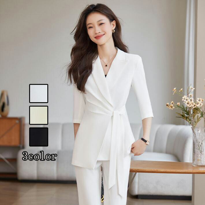 送料無料 制服 レディーススーツ 司会 結婚式 リクルートスーツ 2点セット「上着+パンツ」 フォーマル カジュアル 二次会 エレガント 大人気 宴会 通勤 OL 女性 ビジネススーツ 大きいサイズ Size：S/M/L/XL/2XL/3XL/4XL 発表会 3color 着痩せ 20代30代40代