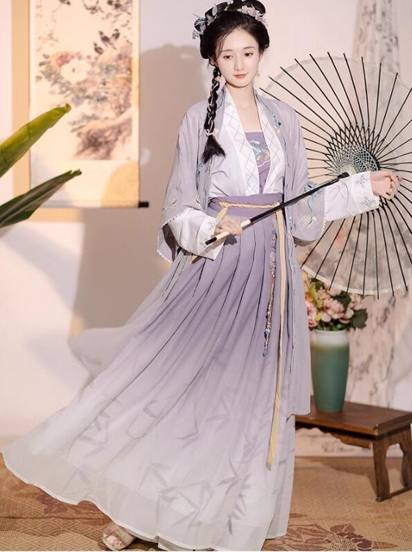 楽天huayu楽天市場店レディース チャイナ服 結婚式 中華服 漢服 フォーマル マキシ丈ワンピース+羽織+キャミソール ピアノ イベント プリンセス チャイナドレス 森ガール 卒業式 三五七 秋春夏 コスチューム 華流コスプレ舞台衣装 ハロウィン衣装 振袖 4点セット パープル グリーン薄手 S M L