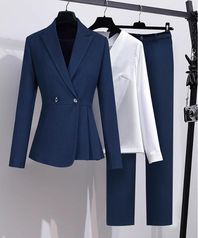 送料無料★レディース ファッション ストライプ柄 3点セット【上着+シャツ+パンツ/スカート】 長袖 カジュアルスーツ 美容師 結婚式 上品 パンツセット 洗えるスーツ 着痩せ フォーマル オフィス 通勤 OL ビジネス 30代40代50代 ママ 入学式 卒業式 Size：S/M/L/XL/2XL/3XL