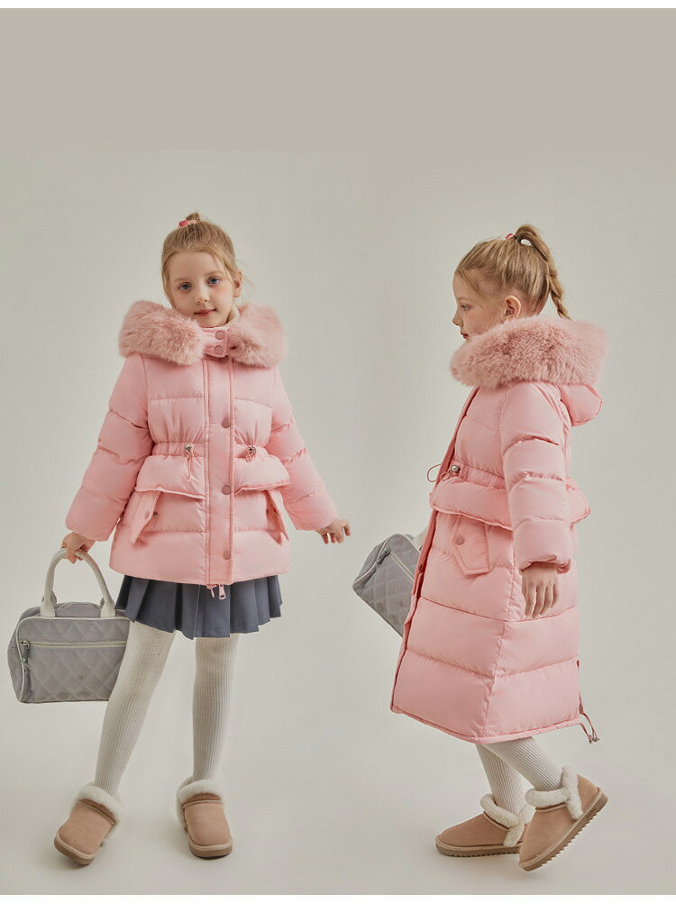 送料無料 防寒 秋冬 子供 ダウンジャケット キッズ 女の子 中綿コート ロング丈コート アウター フード付き 保温 キッズ 防寒防風 ジャケット 暖かい ジュニア カジュアル 子供服 厚手 フェイクファー ピンク 120cm 130cm 140cm 150cm 160cm