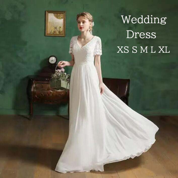 【送料無料】ウエディングドレス Vネック 袖あり ロングドレス レース 韓国風 高級感 結婚式 ブライダル 前撮り 撮影 海外挙式 花嫁ドレス 白ワンピース フォトウェディング きれいめ パーティードレス 二次会 披露宴 エレガント イブニングドレス コンサート