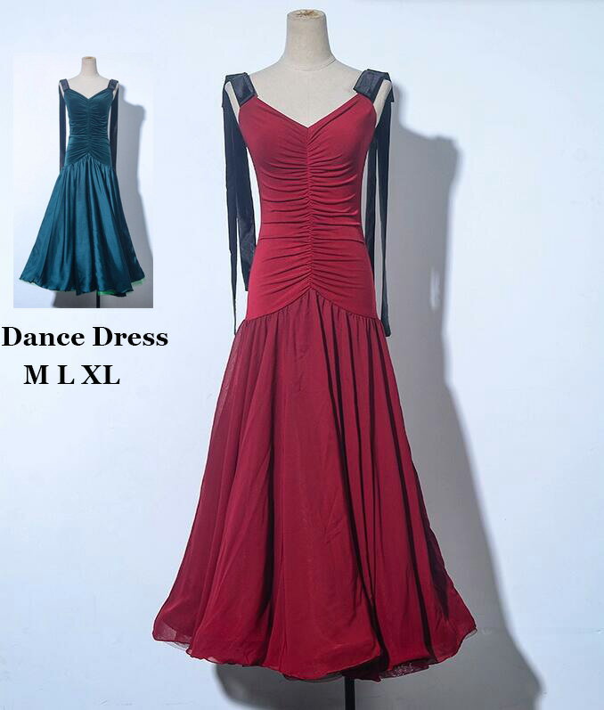 【送料無料】社交ダンス衣装 モダンドレス ダンスウエア Vネック 広く裾 モダンドレス タンダードドレス 競技用 ラテンダンス 練習着 発表会 ワルツ タンゴ服社交ダンス ラテン衣装 社交ダンスドレス 大きい裾 競技着 練習服 パーティー舞台演出服 レッスン着 赤グリーン