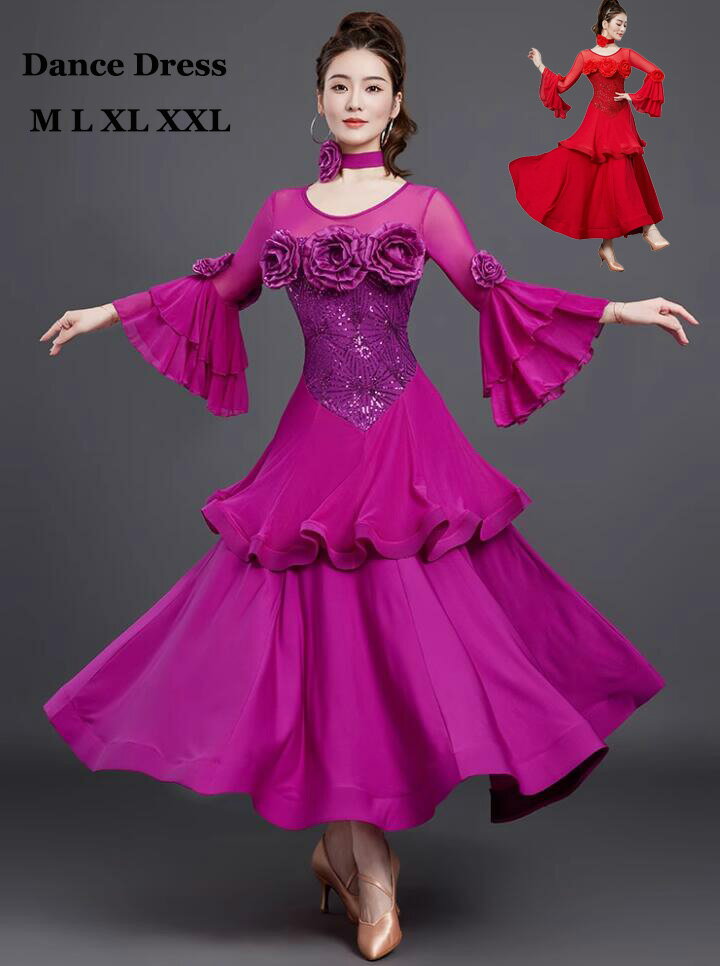 【送料無料】社交ダンス衣装 モダンドレス 競技用 花飾り キラキラ ワンピース 長袖 ラテンダンス 着脱可能パッド付き 高級感 練習着 発表会ドレス スタンダードドレス ワルツ タンゴ服 社交ダンス 衣装 社交ダンスドレス ダンスウエア 競技着 練習服 パーティー舞台 演出