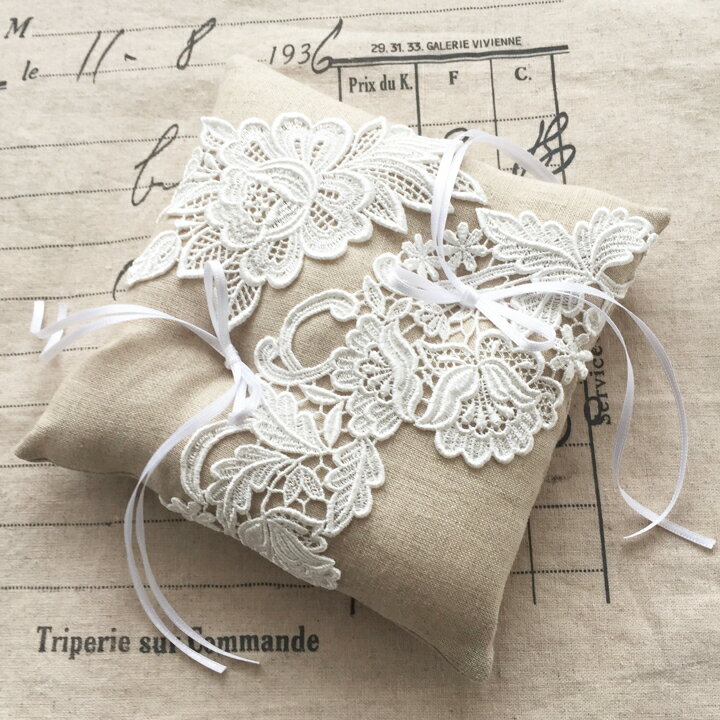 ヴィンテージ風 リングピロー（手作りキット）【ブライダル ウエディング 結婚式 小物 上品 リボン 刺繍 リネン 麻 ビンテージ ナチュラル ラスティックウエディング 素朴 母親 家族婚 プレゼント ギフト お祝い 結婚祝い 結婚記念 結婚 記念日 リングボーイ リングガール】