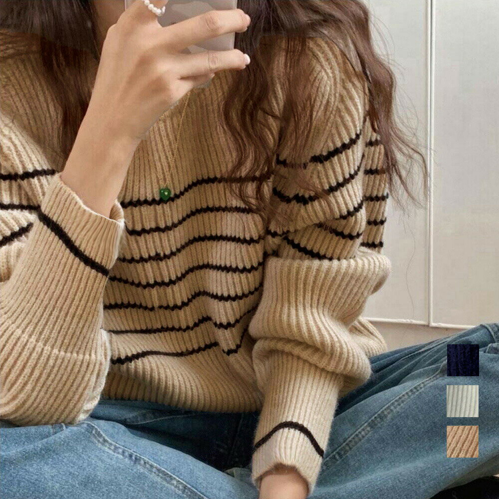 Three-Quarter Knit - ゆったりボーダーニットレディーストップス長袖秋冬春プルオーバーレトロ大人カジュアル着やせオシャレニットウェアスリット入り体型カバーカジュアルネイビーベージュアイボリーミドル丈