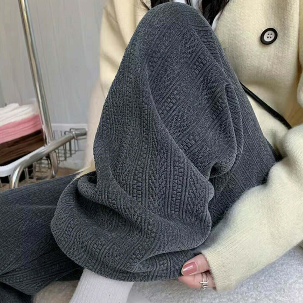 乐天商城 - ワイドパンツレディースニットパンツコーデュロイ風ハイウエスト脚長美脚ゆったりイージーパンツカジュアルリラックスストレートパンツ無地脚長見せ黒楽チン着やせ春秋冬ブラックアイボリーダークグレーブラウンブルーピンク