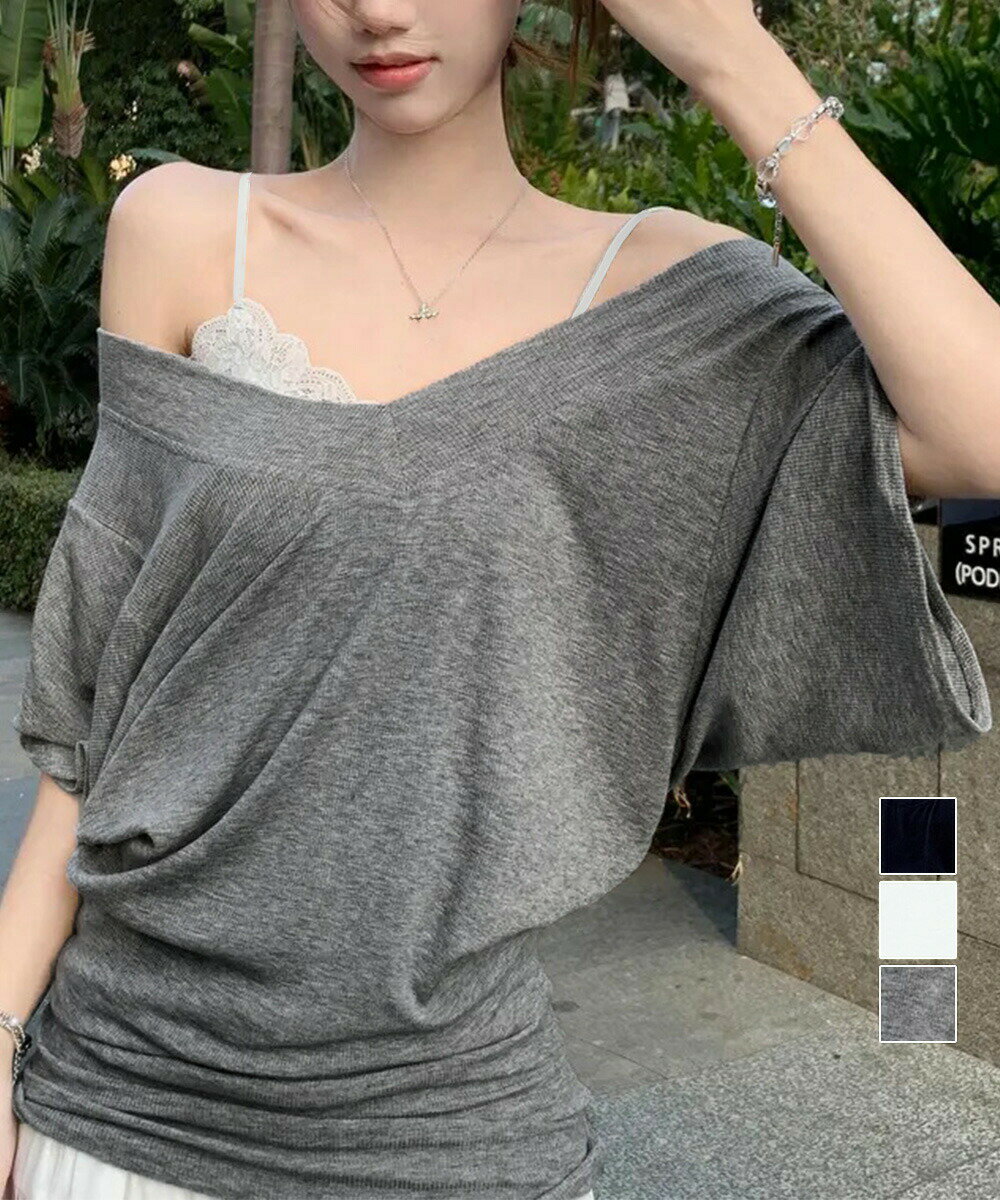 樂天商城 - VネックTシャツレースキャミソール単品ドルマンスリーブtシャツ半袖オフショルダーTシャツ半袖無地t薄手トップスインナーキャミソール2タイプ夏オフショルトップスカットソーゆったり体型カバーブラックホワイトグレー