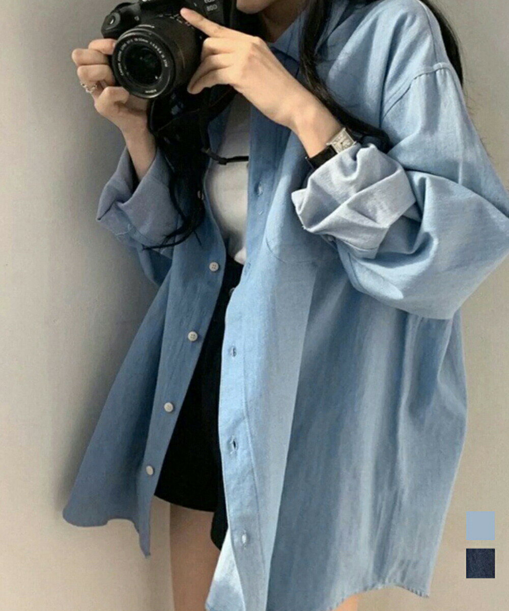 Long-Sleeved - デニムシャツオーバーサイズアウターデニムジャケットレディースデニムトップスジャケット体型カバー大きいサイズ長袖羽織送料無料ビッグ重ね着お洒落レイヤードビッグシャツゆったりカジュアル春秋サックスブルーネイビー