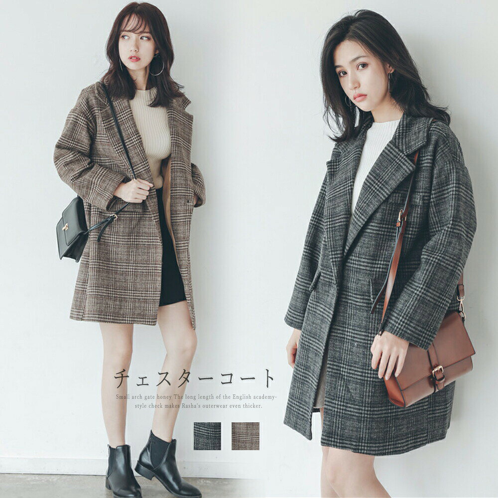 Turn-Down Collar Coat - グレンチェックチェスターコートレディースコートアウター秋冬中厚手バックスリットテーラードコート中綿ミディアム丈ジャケットチェック柄pコート通勤通学コート