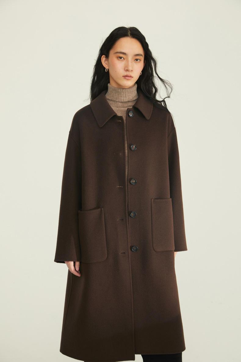 Turn-Down Collar Coat - ロングコートブラウンmサイズ大きめポケット付き上品で暖かい冬用アウターリャマウールとウールを使用手作業縫製lpiuty