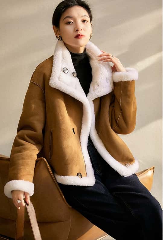 Wool - 2024新作リバーシブルムートン風ジャケットレディースふわふわ羊毛風×スエード風防寒ショート丈秋冬対応2色展開（キャメル/ホワイト）s/m/lx&w