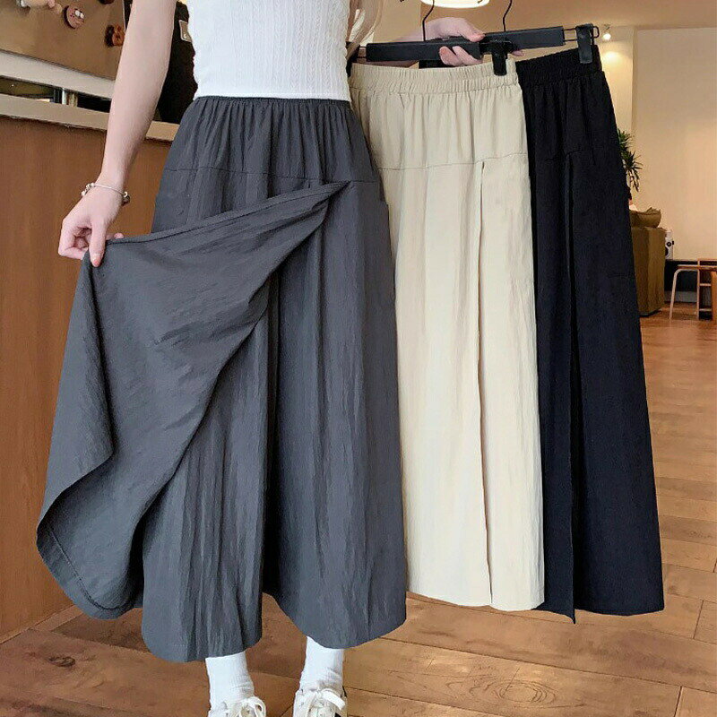 スカーツパンツレディースワイドレッグスカパンガウチョパンツスカート春夏ワイドパンツウエストゴム無地八分丈パンツボトムズフェイクスカート夏服スカートパンツ可愛いきれいめ着やすいカジュアルエレガントおしゃれ着痩せスリット付き