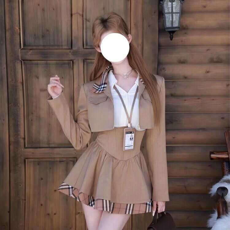 卒業式スーツ女の子韓国制服ピアノ発表会ジャケット+スカートスーツ卒服フォーマル中学受験フォーマルスーツ女児ジュニアスーツ3点セット高校生卒業式スーツ入学式発表会結婚式子供スーツジャケットスカートシャツブラウン