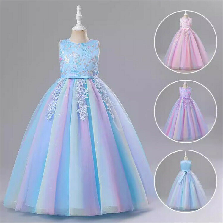 乐天商城 - 3色展開ノースリーブロングドレスキッズドレス子供ドレスフォーマルドレスワンピースキッズ服子供服女の子ワンピース子ども発表会七五三演出舞台結婚式卒業園入園式ピアノ100-150CMレインボーラメキラキラ花びら