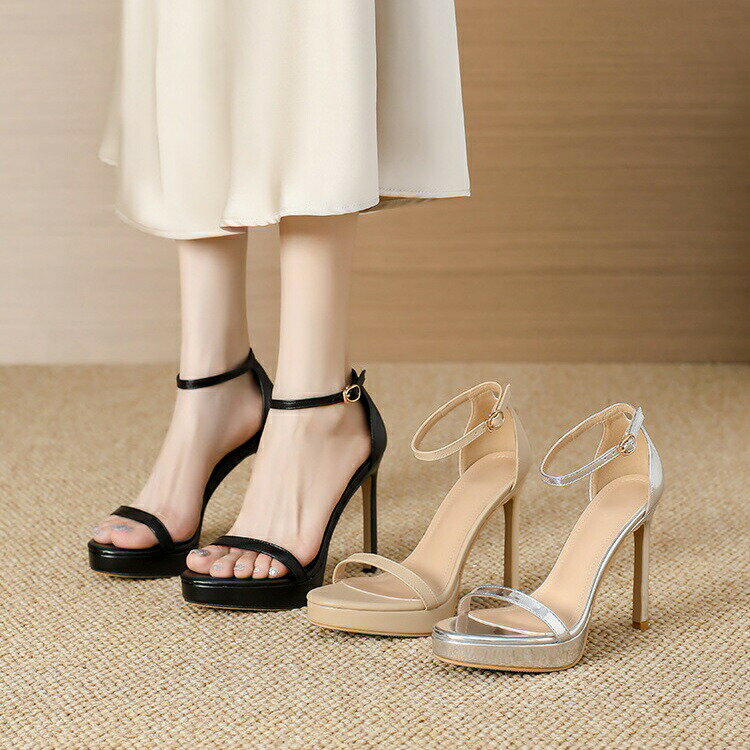 Spike Heels - サンダルレディースストラップハイヒールピンヒール黒11cmヒール痛くないシンプル歩きやすいハイヒール足首ストラップブラックスエードレザー合成皮革通勤厚底サンダル22cm〜25cmベージュシルバー