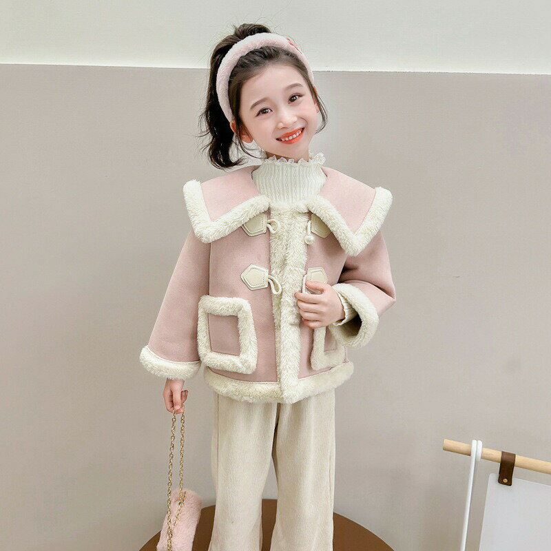 ピンク女の子コート着ラシャコート秋冬モデル子ども厚防寒コートファッションフードコート冬服子ども服長袖キッズ厚みクリスマスきれいめ卒園式/入学式/パーティーかわいい上着厚手コートバッグ付き裏ファー温かい
