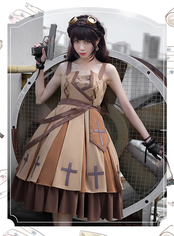 Hug Selectのミニロリ軍服ロリータフルセットワンピースミリタリーロリィタ半袖キャミソールケープコートブラウン膝丈リボンレディースロリータアウタートップス小柄可愛い着痩せ女の子袖ありゴスロリ厚手防寒寒さ対策柔らかい軽い着心地暖かいx1t2｜アングル2