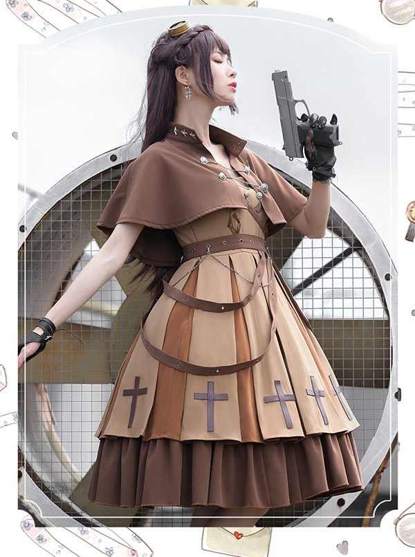 Hug Selectのミニロリ軍服ロリータフルセットワンピースミリタリーロリィタ半袖キャミソールケープコートブラウン膝丈リボンレディースロリータアウタートップス小柄可愛い着痩せ女の子袖ありゴスロリ厚手防寒寒さ対策柔らかい軽い着心地暖かいx1t2｜アングル3