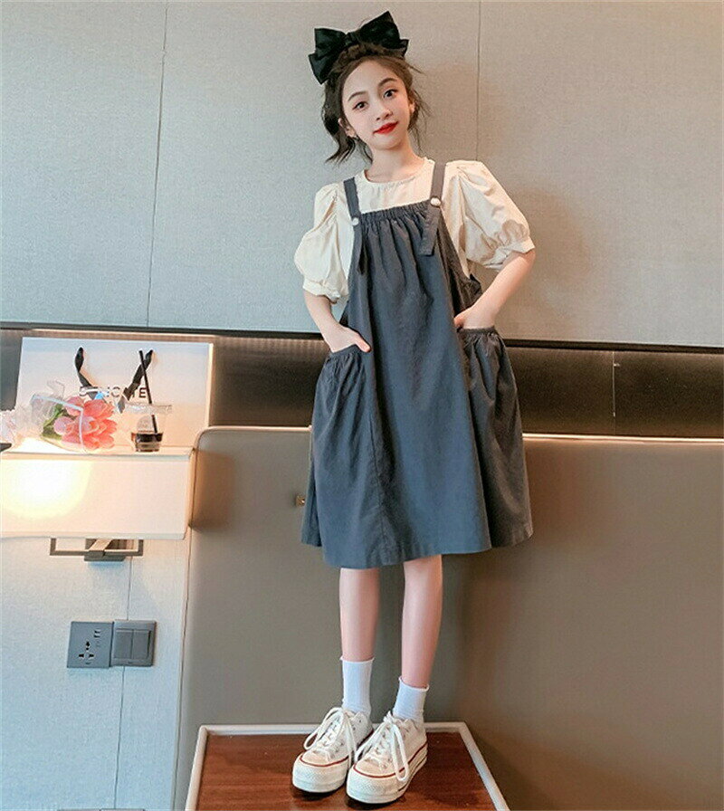 Hug Selectの300子供服夏女の子セットアップ半袖ブラウスキッズサロペットワンピース2点セットジュニア服韓国風ジャンパースカート子供上下セットガールズジュニアキッズカジュアルオシャレ通学普段着｜アングル3