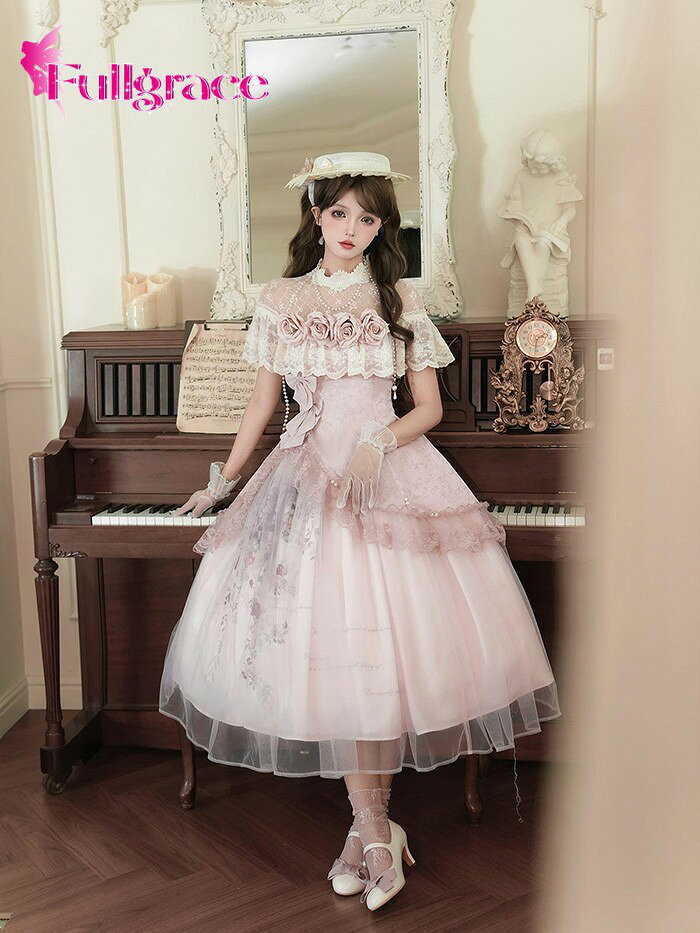 Hug Selectのロリータスカートワンピースセット花柄薔薇モチーフエレガントロリィタピンク春夏レディースクラシカル甘ロリ可愛いコスチューム仮装イベントダンス卒業式余興学園祭演劇舞台学芸会文化祭ハロウィンSMLlcc6｜アングル2