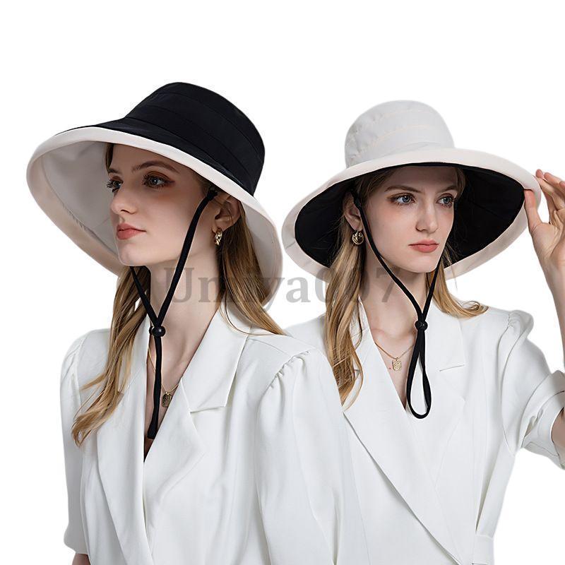 Sun Visor - UVカット帽子レディースつば広冷感日焼け防止小顔効果あご紐ワイヤー入り風で飛ばない両面用折りたたみ女優帽スカラハット春夏軽量散歩旅行