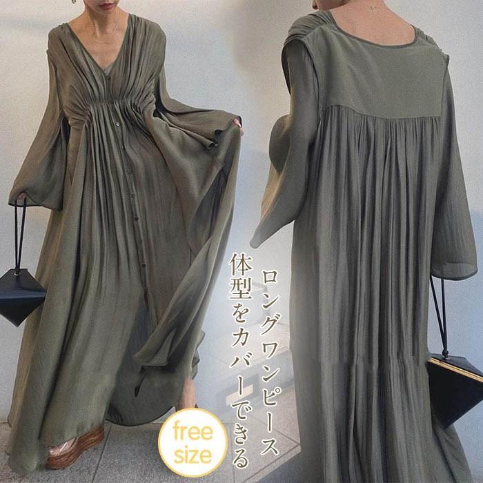 樂天商城 - ロングワンピースレディースワンピースVネックマキシ丈プリーツワンピース大きいサイズゆったりロング丈着痩せ夏秋おしゃれAライン上品30代40代