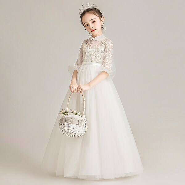 ドレス子供ピアノ発表会ピアノ発表会中学生ワンピース女の子ロングドレス結婚式ジュニアピアノ発表会ドレスコンクールパーティードレスイブニングドレスロングキッズファスナーお姫様着やせエレガントフォーマル小さいサイズ白zeg5 3