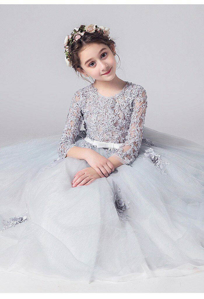 ピアノ発表会子供ドレスグレーワンピース女の子半袖レースフラワーガールこども発表会ドレスロング女の子キッズドレス子どもドレスピアノ発表会ドレス中学生110-170c0x0 3