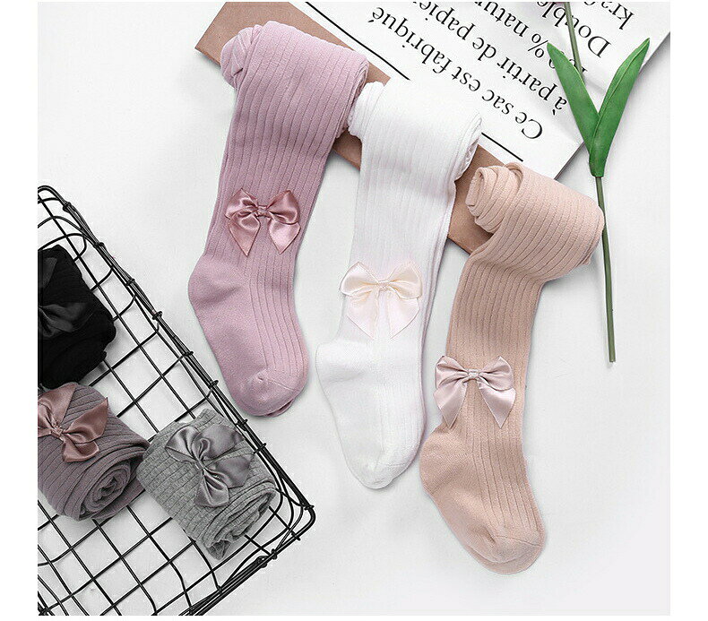 子供タイツキッズ靴下ソックスタイツリボン付きリブタイツキッズ丸編みカラータイツ