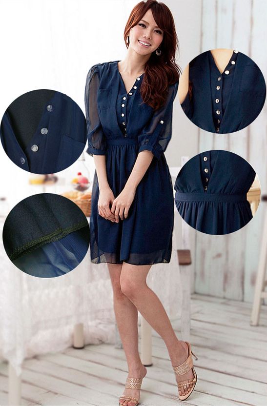 Dresses - マタニティキラキラアクリルストーンボタン付可愛いゴージャスなシフォン生地8分袖マタニティワンピース授乳服