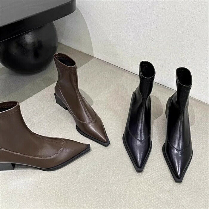Loose - ショートブーツ レディース ポインテッドトゥ ショート丈 ブーツ ミドルヒール ブーツ チャンキーヒール ストレッチブーツ 歩きやすい ファスナー付き 大人用 おしゃれ きれいめ 美脚見せ 秋冬新作
