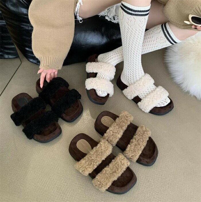 乐天商城 - ファーサンダル レディース フェイクファーサンダル スリッパ ルームシューズ モコモコ サンダル フラットヒール 靴 ローヒール ふわふわ おしゃれ 大人 可愛い シンプル美脚 秋冬新作 送料無料