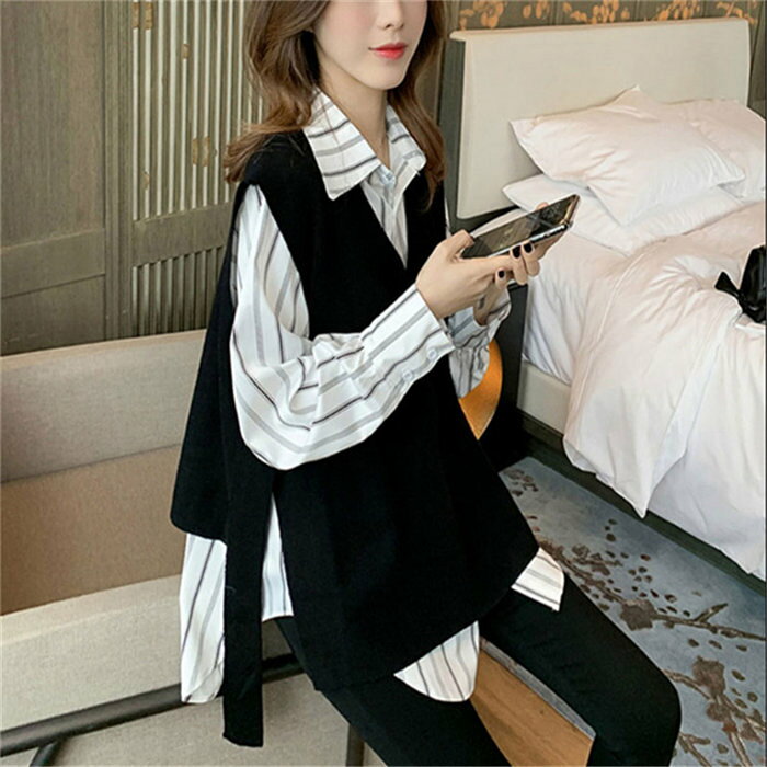 樂天商城 - ベスト+シャツ2点セット シャツ ロングシャツ ベスト ジレ スリット Vネック おうちで洗える ニットベスト タンクトップ ブラウス 長袖 セットアップ レディース 秋 冬 シンプル ゆったり 体型カバー カジュアル 30代 送料無料