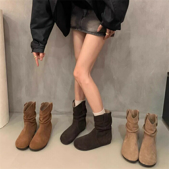 乐天商城 - ショートブーツ レディース くしゅくしゅブーツ 大きいサイズ フラットヒール ブーツ 履き口 ゆったり ブーツ 美脚 痛くない シューズ カジュアル お洒落 コンフォート 靴 歩きやすい 20代 30代 40代