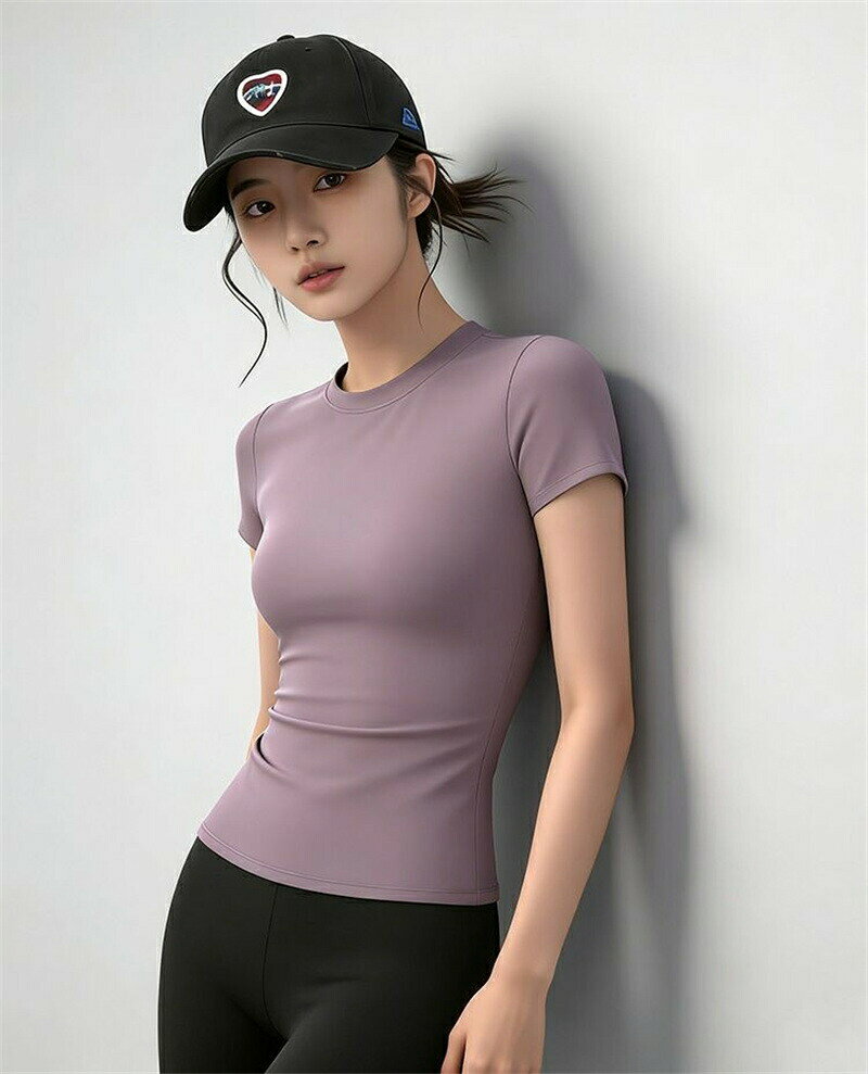 Hug Selectのヨガウェア トップス 半袖tシャツ ヨガ服 スポーツウェア レディース 半袖 Tシャツ スリムフィット 体形カバー 吸汗 速乾 通気 クールネック ピラティス服 ストレッチ 着?せ ランニング ジョギング ジム 運動服 スウェットウェア ピラティスワーク｜アングル3