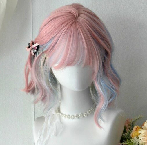 ピンク　処分　グラデーション　33cm　ショート ロリータ 原宿風 巻き毛 ぱっつん前髪 可愛い 耐熱ウィッグ コスチューム 仮装 自然 ナチュラル イベント 文化祭 普段使い　かつら　レディース　ウィッグ　アッシュ 日常 ウェーブ　大人用　ピンク/ベージュ　カラー