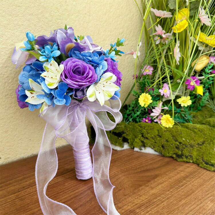 パープルブルー ローズ　薔薇 花束 アジサイ　ブーケブーケウェディングブーケ/造花ブーケ/ブライダルブーケ/ラウンドブーケ/トスブーケ/結婚式/花束　卒業 入学 壮瞥 父の日 お中元 ひな祭り 桃の節句 誕生日 花ギフト お供え 開店祝い 3